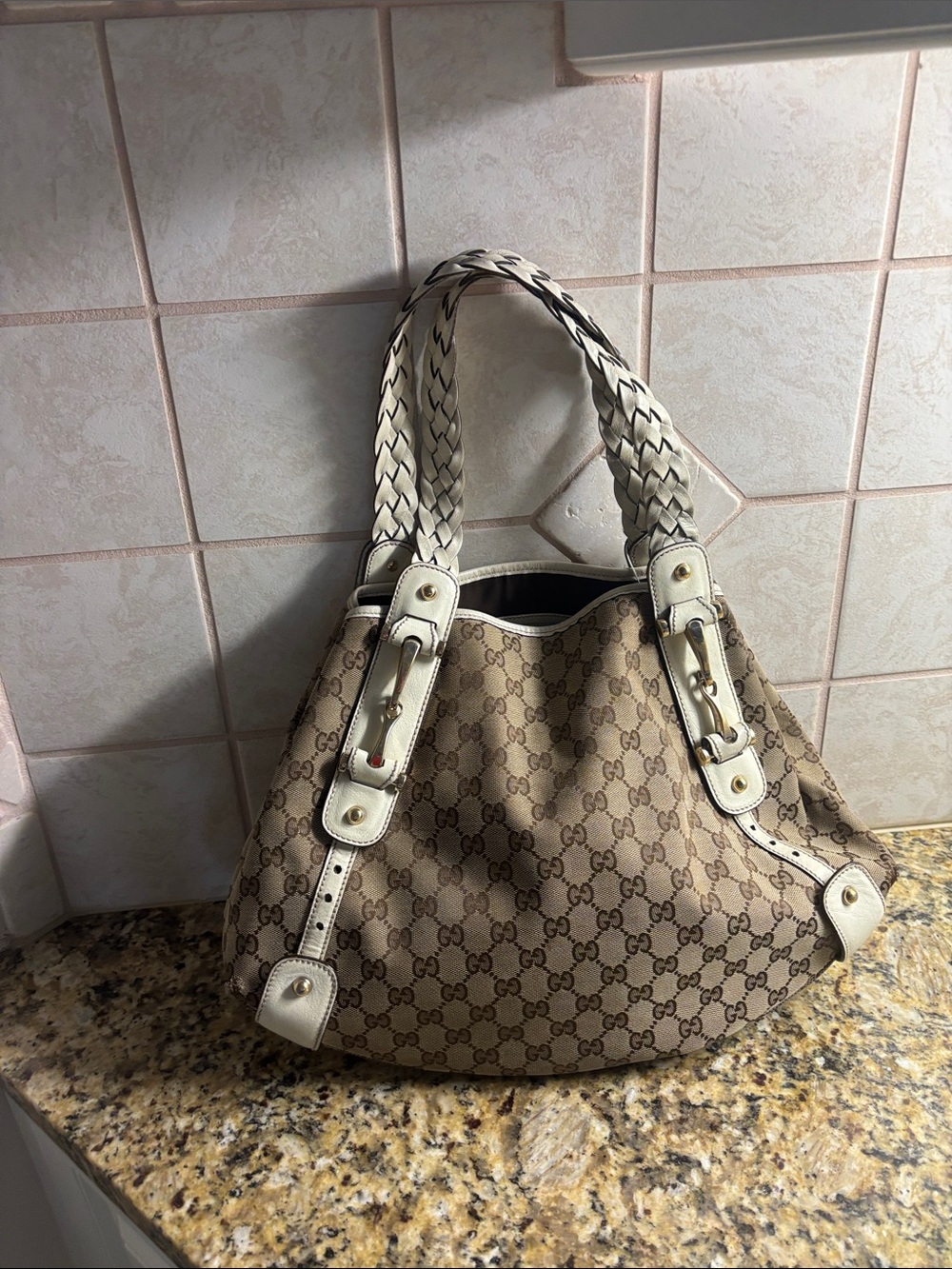 Vintage Gucci Beige Monogram Shoulder Bag with Cream Braided Handles.